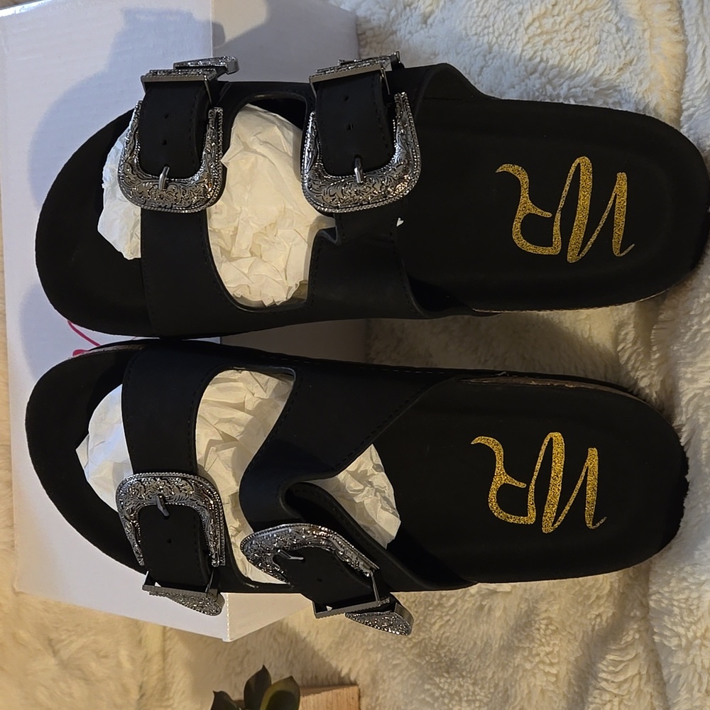 Stylish Black Suede Sandals with Silver Buckles Size 9 By NR